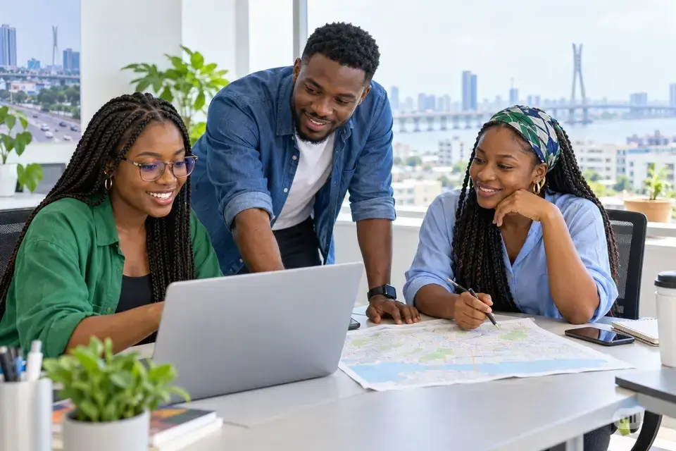 Illustrative scene of Nigerian colleagues collaborating on mobility technology and route planning