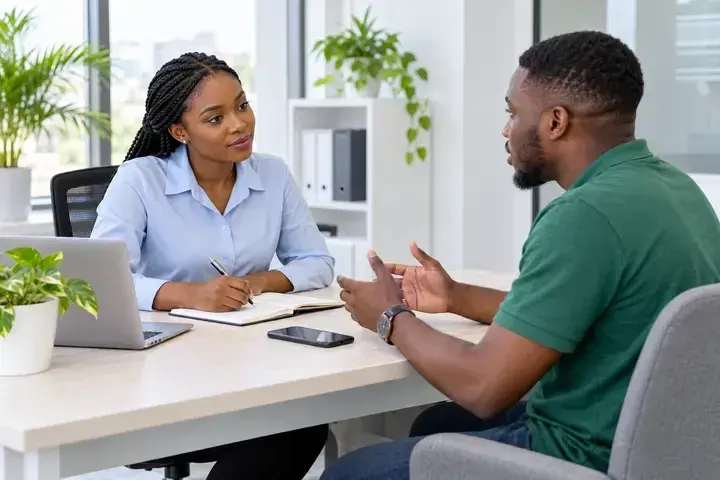 Illustrative scene of a support specialist listening to a customer's concern